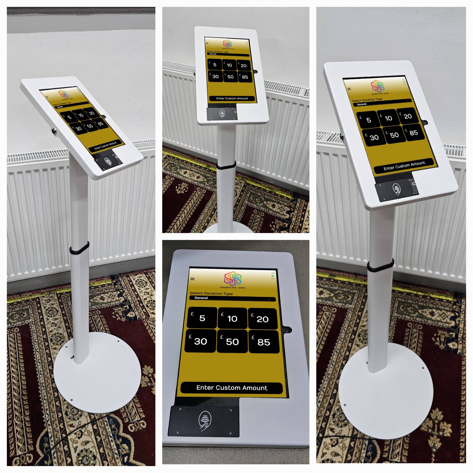 Donation tablets on stands in a mosque